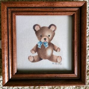 Theorem Folk Art Framed Teddy Bear Art with Blue Bow M. Roff